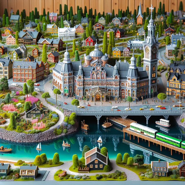 Create an image of intricate miniature model scene that encapsulates the vibrant essence and unique characteristics of City Göteborg, in country Svezia styled to echo the fascinating detail and whimsy of Miniatur World.