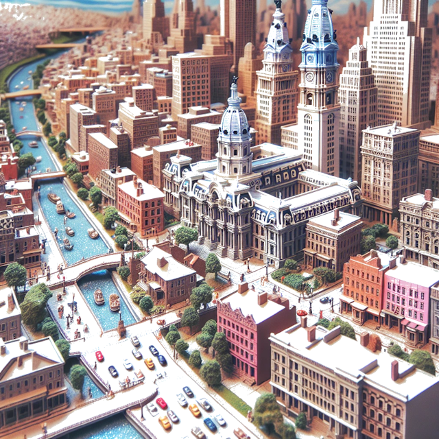 Create an image of intricate miniature model scene that encapsulates the vibrant essence and unique characteristics of City Philadelphie, in country Pennsylvanie styled to echo the fascinating detail and whimsy of Miniatur World.