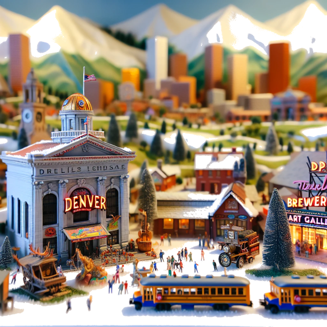 Create an image of intricate miniature model scene that encapsulates the vibrant essence and unique characteristics of Country Denver, styled to echo the fascinating detail and whimsy of Miniatur World.
