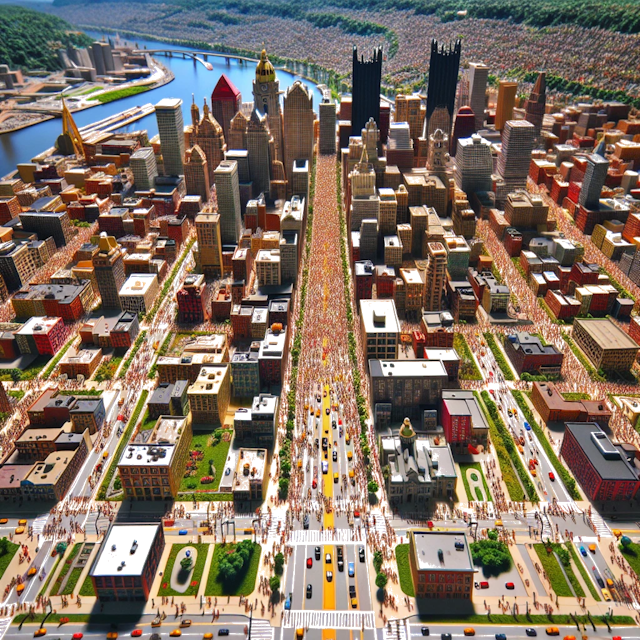 Create an image of intricate miniature model scene that encapsulates the vibrant essence and unique characteristics of City Pittsburgh, in country Pensilvania styled to echo the fascinating detail and whimsy of Miniatur World.