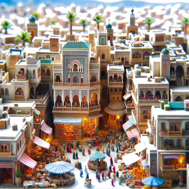 Create an image of intricate miniature model scene that encapsulates the vibrant essence and unique characteristics of City Marocco, in country St. Catharines styled to echo the fascinating detail and whimsy of Miniatur World.