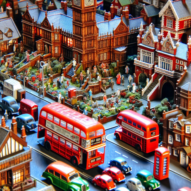 Create an image of intricate miniature model scene that encapsulates the vibrant essence and unique characteristics of Country United Kingdom, styled to echo the fascinating detail and whimsy of Miniatur World.