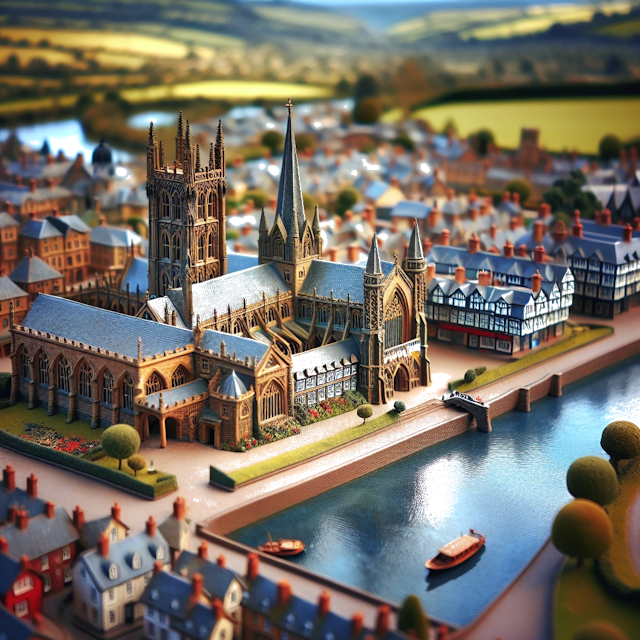 Create an image of intricate miniature model scene that encapsulates the vibrant essence and unique characteristics of City Hereford, in country Inghilterra styled to echo the fascinating detail and whimsy of Miniatur World.