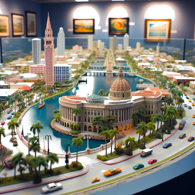 Create an image of intricate miniature model scene that encapsulates the vibrant essence and unique characteristics of City Boca Raton, in country Flórida styled to echo the fascinating detail and whimsy of Miniatur World.