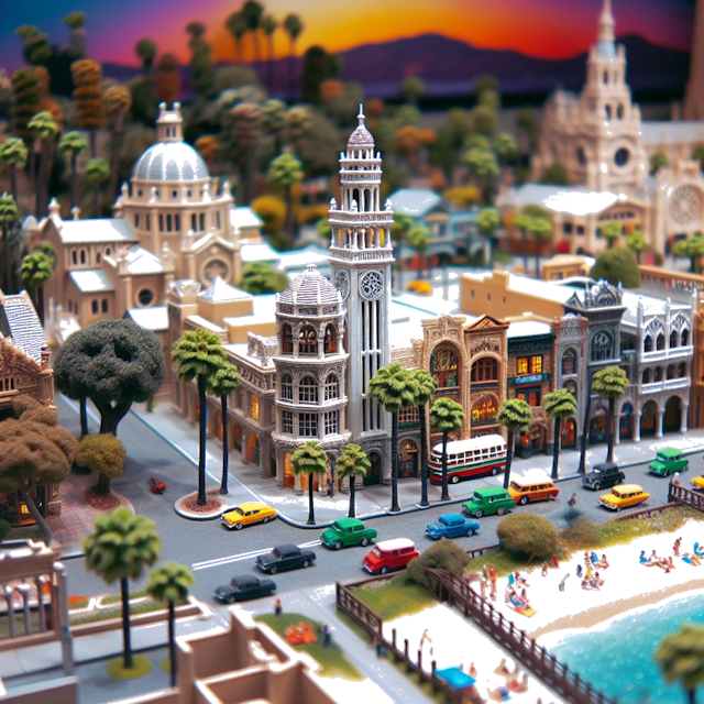 Create an image of intricate miniature model scene that encapsulates the vibrant essence and unique characteristics of City Californie, in country États-Unis styled to echo the fascinating detail and whimsy of Miniatur World.