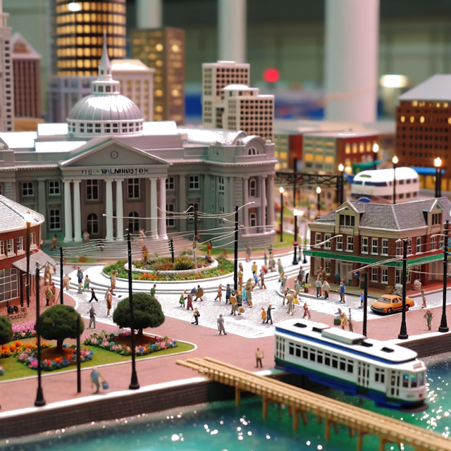 Create an image of intricate miniature model scene that encapsulates the vibrant essence and unique characteristics of City Wilmington, in country North Carolina styled to echo the fascinating detail and whimsy of Miniatur World.