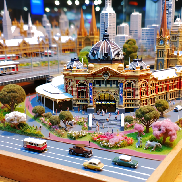 Create an image of intricate miniature model scene that encapsulates the vibrant essence and unique characteristics of City Melbourne, in country Australia styled to echo the fascinating detail and whimsy of Miniatur World.