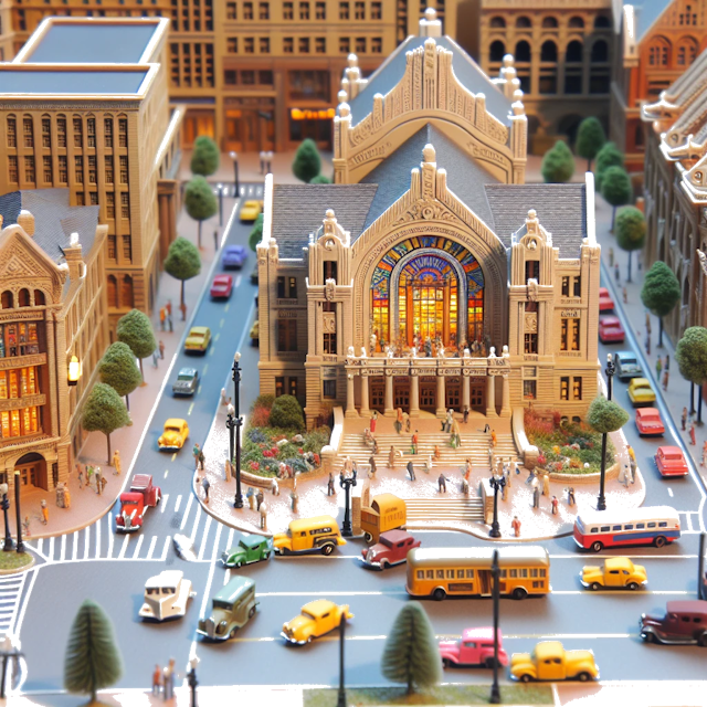 Create an image of intricate miniature model scene that encapsulates the vibrant essence and unique characteristics of City Missouri, in country VS styled to echo the fascinating detail and whimsy of Miniatur World.