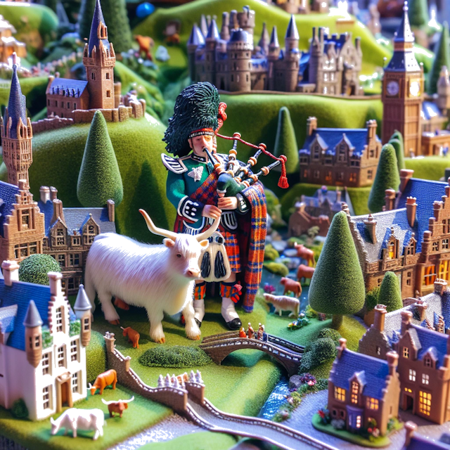 Create an image of intricate miniature model scene that encapsulates the vibrant essence and unique characteristics of Country Schotland, styled to echo the fascinating detail and whimsy of Miniatur World.