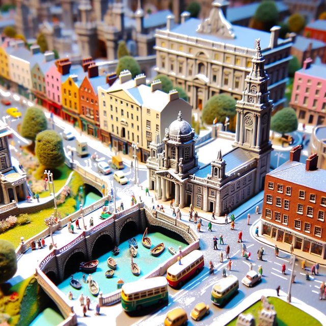 Create an image of intricate miniature model scene that encapsulates the vibrant essence and unique characteristics of City Dublin, in country Irlande styled to echo the fascinating detail and whimsy of Miniatur World.