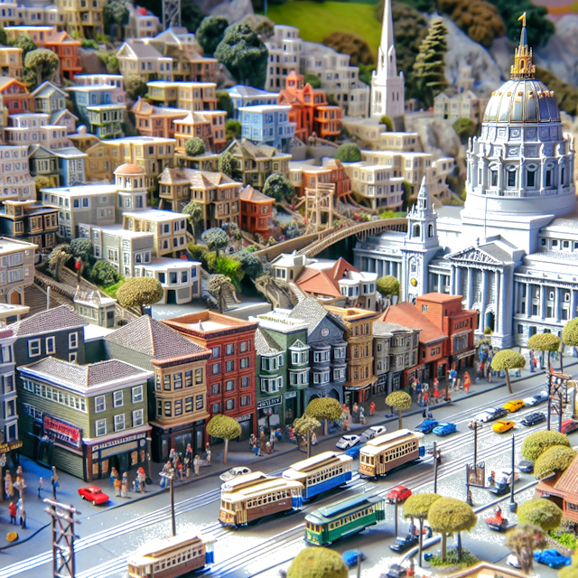 Create an image of intricate miniature model scene that encapsulates the vibrant essence and unique characteristics of City San Francisco, in country Kalifornien styled to echo the fascinating detail and whimsy of Miniatur World.