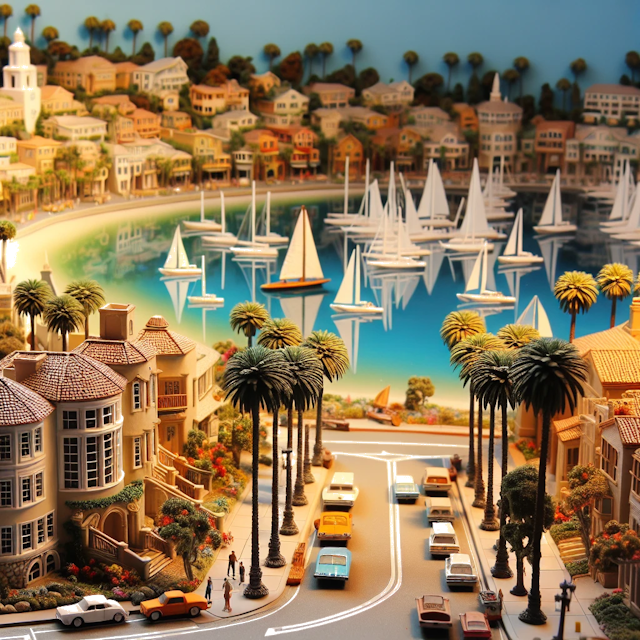 Create an image of intricate miniature model scene that encapsulates the vibrant essence and unique characteristics of City Newport Beach, in country États-Unis styled to echo the fascinating detail and whimsy of Miniatur World.