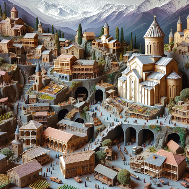 Create an image of intricate miniature model scene that encapsulates the vibrant essence and unique characteristics of Country Geórgia, styled to echo the fascinating detail and whimsy of Miniatur World.