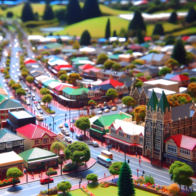 Create an image of intricate miniature model scene that encapsulates the vibrant essence and unique characteristics of City Manurewa, in country New Zealand styled to echo the fascinating detail and whimsy of Miniatur World.