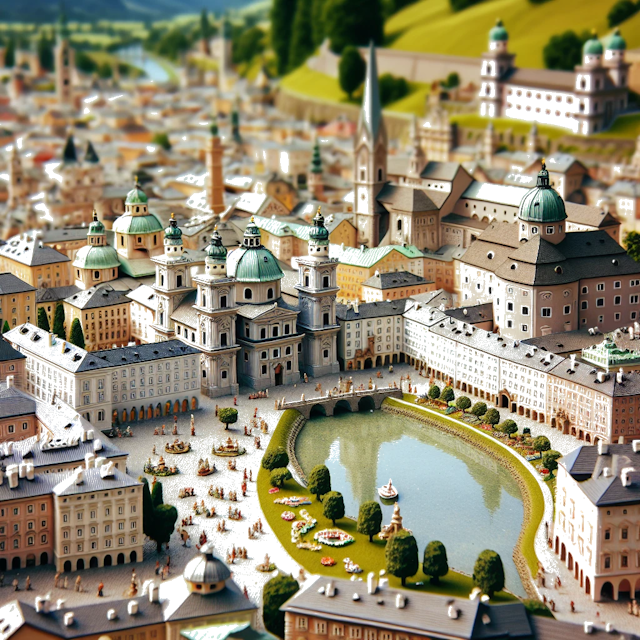 Create an image of intricate miniature model scene that encapsulates the vibrant essence and unique characteristics of City Salzburgo, in country Áustria styled to echo the fascinating detail and whimsy of Miniatur World.