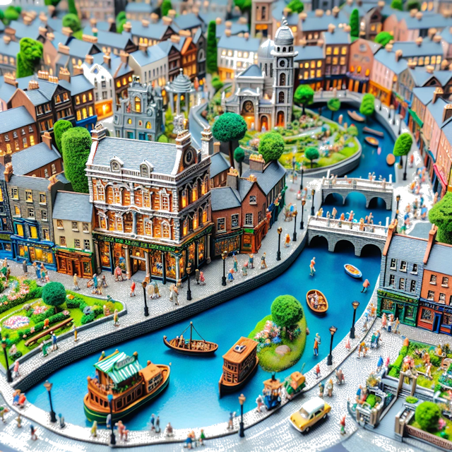 Create an image of intricate miniature model scene that encapsulates the vibrant essence and unique characteristics of City Dublín, in country Irlanda styled to echo the fascinating detail and whimsy of Miniatur World.