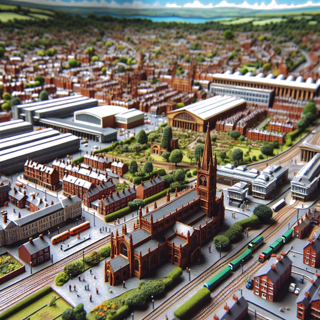 Create an image of intricate miniature model scene that encapsulates the vibrant essence and unique characteristics of City Telford, Shropshire, in country England styled to echo the fascinating detail and whimsy of Miniatur World.