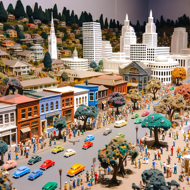 Create an image of intricate miniature model scene that encapsulates the vibrant essence and unique characteristics of City San Jose, in country California styled to echo the fascinating detail and whimsy of Miniatur World.