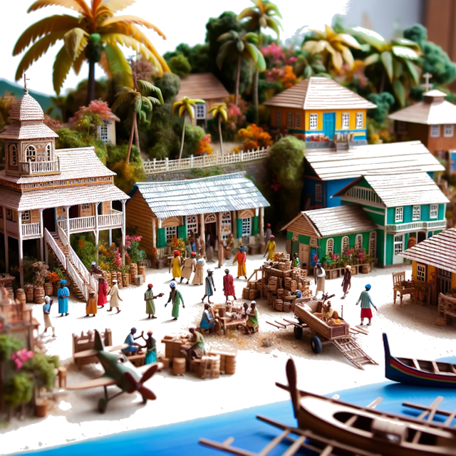 Create an image of intricate miniature model scene that encapsulates the vibrant essence and unique characteristics of Country Trinidad and Tobago, styled to echo the fascinating detail and whimsy of Miniatur World.