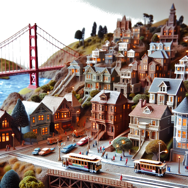 Create an image of intricate miniature model scene that encapsulates the vibrant essence and unique characteristics of City San Francisco, in country Californie styled to echo the fascinating detail and whimsy of Miniatur World.