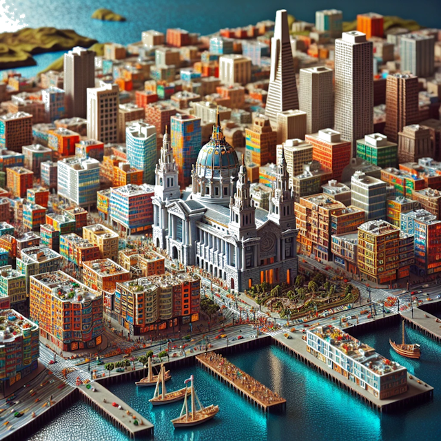 Create an image of intricate miniature model scene that encapsulates the vibrant essence and unique characteristics of City San Francisco, in country California styled to echo the fascinating detail and whimsy of Miniatur World.