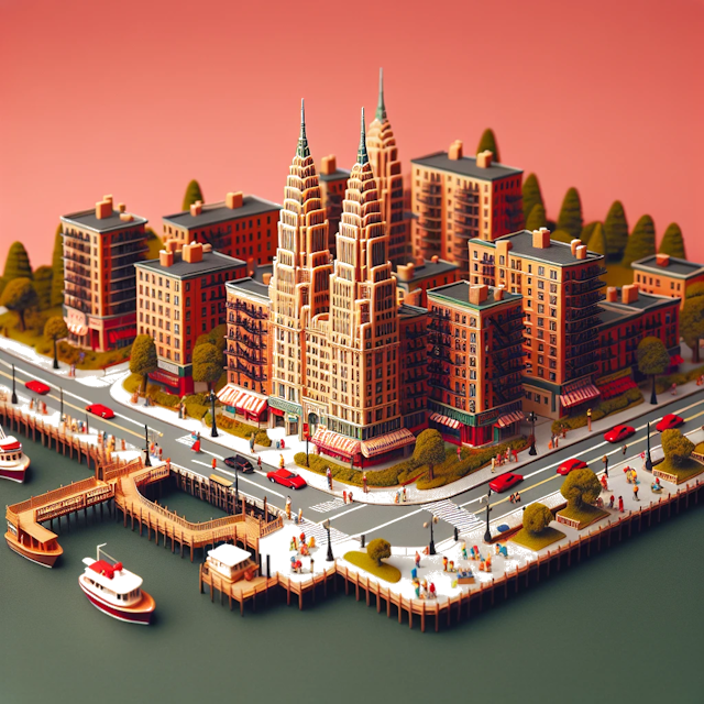 Create an image of intricate miniature model scene that encapsulates the vibrant essence and unique characteristics of City Long Island, in country Nova York styled to echo the fascinating detail and whimsy of Miniatur World.