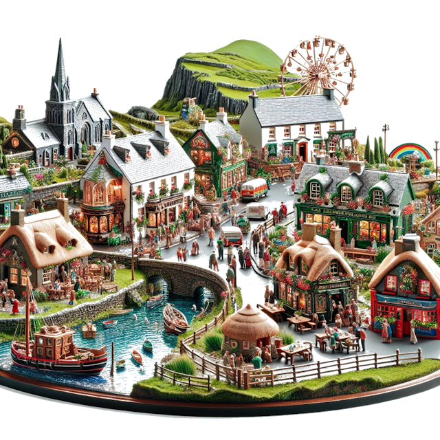 Create an image of intricate miniature model scene that encapsulates the vibrant essence and unique characteristics of Country Irland, styled to echo the fascinating detail and whimsy of Miniatur World.