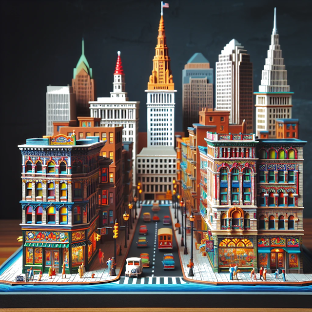 Create an image of intricate miniature model scene that encapsulates the vibrant essence and unique characteristics of City Cleveland, Ohio, in country États-Unis styled to echo the fascinating detail and whimsy of Miniatur World.