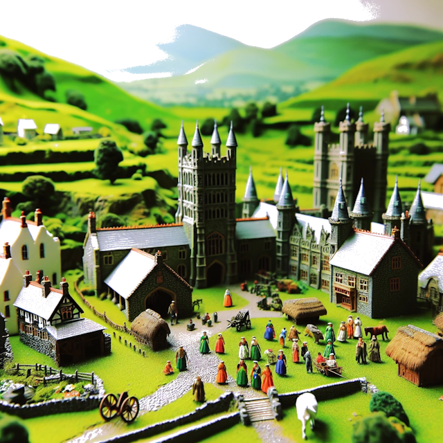 Create an image of intricate miniature model scene that encapsulates the vibrant essence and unique characteristics of Country Galles, styled to echo the fascinating detail and whimsy of Miniatur World.
