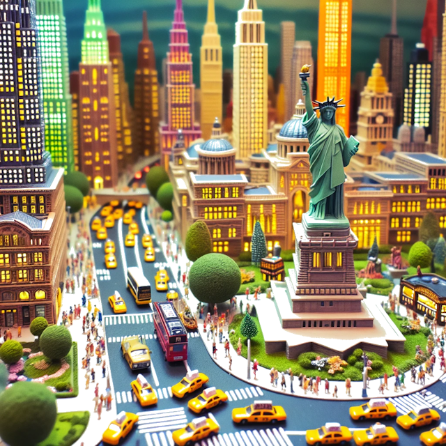 Create an image of intricate miniature model scene that encapsulates the vibrant essence and unique characteristics of City New York City, in country VS styled to echo the fascinating detail and whimsy of Miniatur World.