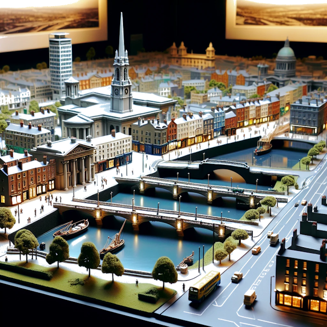 Create an image of intricate miniature model scene that encapsulates the vibrant essence and unique characteristics of City Dublin, in country Ireland styled to echo the fascinating detail and whimsy of Miniatur World.
