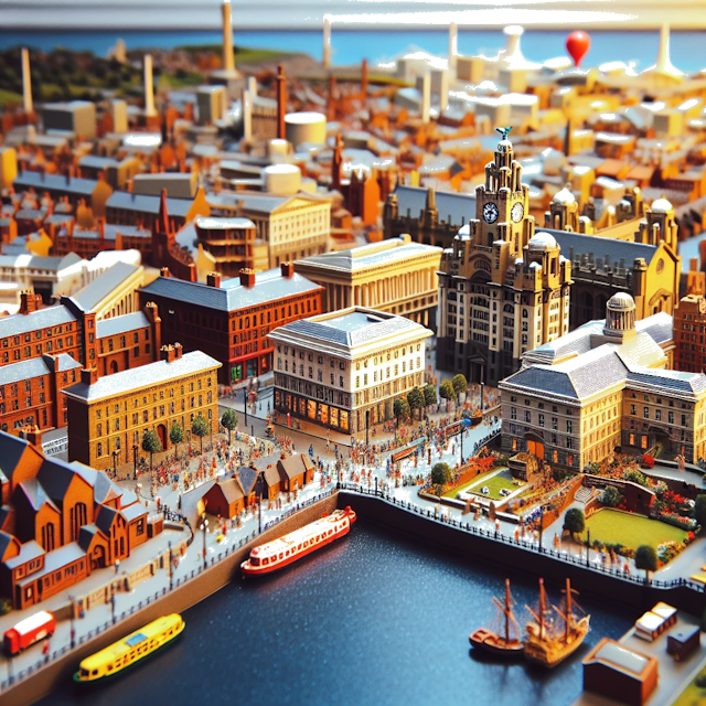 Create an image of intricate miniature model scene that encapsulates the vibrant essence and unique characteristics of City Liverpool, in country Engeland styled to echo the fascinating detail and whimsy of Miniatur World.