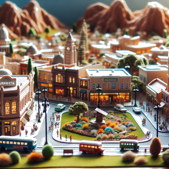 Create an image of intricate miniature model scene that encapsulates the vibrant essence and unique characteristics of City Murrieta, in country Kalifornien styled to echo the fascinating detail and whimsy of Miniatur World.