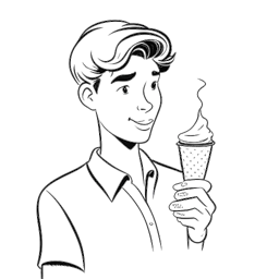 Desenho de arte linear de um jovem representando Sean Kaufman fazendo uma imitação do Pato Donald enquanto segura um cone de sorvete de pistache, em um fundo branco.