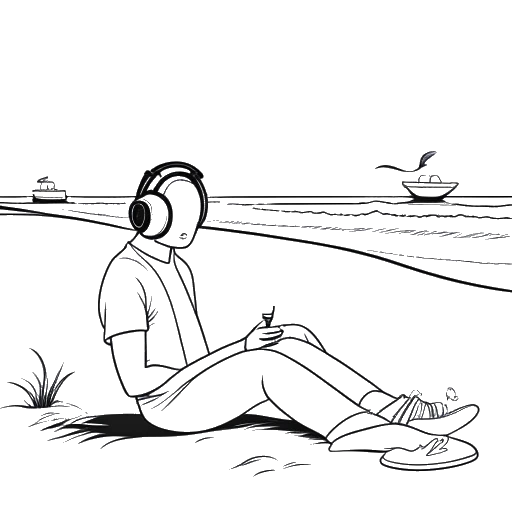 Line art drawing of a man, representing Sean Kaufman, relaxing on a beach at sunset with headphones, listening to music and performing a Donald Duck impression, depicted against a white backdrop.