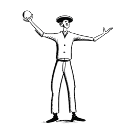 Desenho de arte linear de um homem alto, representando Sean Kaufman, exibindo suas habilidades de malabarismo e mímica, enquanto incorpora sutilmente elementos que representam sua posição contra microagressões raciais, em um fundo branco.