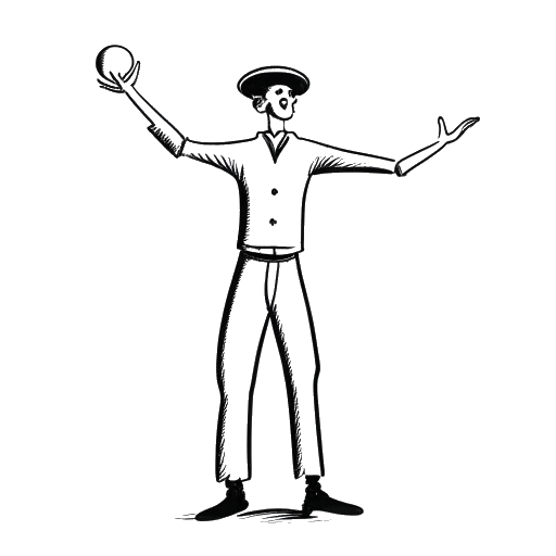 Dibujo de arte lineal de un hombre alto, que representa a Sean Kaufman, mostrando sus habilidades de malabarismo y mimo, mientras incorpora sutilmente elementos que representan su postura en contra de las microagresiones raciales, enmarcado en un fondo blanco.