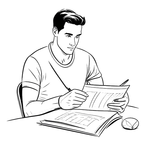 Line art drawing of a man, representing Sean Kaufman, reviewing scripts and acting in various roles on screen, with a subtle depiction of a volleyball in the background, all against a white backdrop.