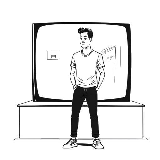 Strichzeichnung eines Mannes, der Sean Kaufman darstellt, in einer Schauspielpose; ein Fernsehbildschirm mit einem Prime Video-Logo und einem Schauspielpreis sind hinter ihm sichtbar, mit bescheidenen Dollarzeichen, die sein Vermögen anzeigen.
