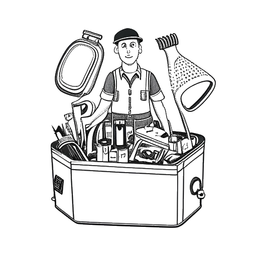 Line art drawing of a man holding a toolbox filled with acting tools and props, representing Sean Kaufman's toolbox approach to acting