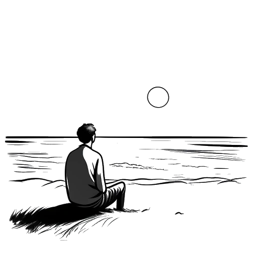 Dibujo de arte lineal de un hombre relajándose en la playa, viendo la puesta de sol, representando el amor de Sean Kaufman por las tardes en la playa