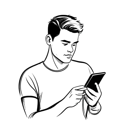 Line art drawing of a man browsing a music playlist on a smartphone, featuring 'Hey Stephen' by Taylor Swift, representing Sean Kaufman's character playlist for 'The Summer I Turned Pretty'