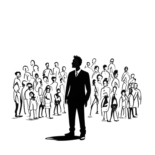 Line art drawing of a man surrounded by silhouettes, representing Sean Kaufman's dream collaborations with Steven Yeun, Andrew Scott, Mia Goth, Tilda Swinton, Jack O'Connell, and LaKeith Stanfield