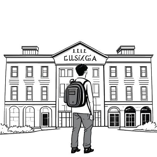 Line art drawing of a man representing Sean Kaufman, with short hair and a backpack, standing in front of a building labeled 'LaGuardia High School'