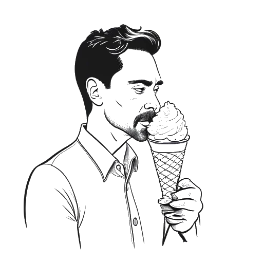Line art drawing of a man enjoying pistachio ice cream, representing Sean Kaufman's love for the 'old man' flavor