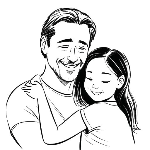 Line art drawing of a man protectively hugging a young girl, representing Sean Kaufman's relationship with his sister Ika, which inspired his character Steven