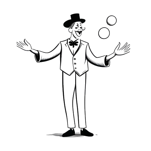 Line art drawing of a man juggling, wearing a clown nose, miming, and doing a Donald Duck impression, representing Sean Kaufman's special skills