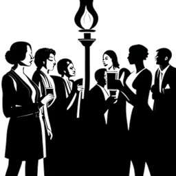 Line art drawing of a woman, representing Iilluminaughtii (Blair Zon), holding a torch of knowledge, casting light on dark shadows representing financial scams, corporate corruption, and societal inequalities. Diverse individuals listen intently in the scene, against a white backdrop.