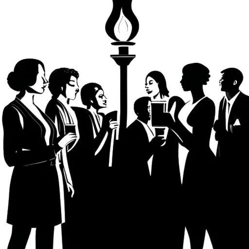 Line art drawing of a woman, representing Iilluminaughtii (Blair Zon), holding a torch of knowledge, casting light on dark shadows representing financial scams, corporate corruption, and societal inequalities. Diverse individuals listen intently in the scene, against a white backdrop.