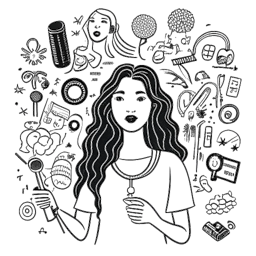 Dibujo de arte lineal de una mujer, representando a Iilluminaughtii (Blair Zon), con cabello largo y ondulado sosteniendo con confianza un micrófono. A su alrededor hay íconos simbólicos representando causas de justicia social, educación financiera y colaboración en línea, contra un fondo blanco.